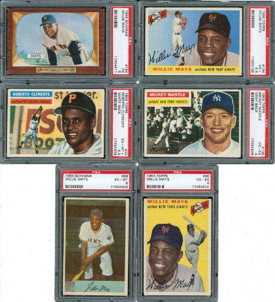 1954-1956 BOWMAN AND TOPPS PSA GRADED LOT OF 6 - MANTLE (1), MAYS (4), CLEMENTE (1)