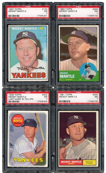 1961, 1963, 1967, AND 1969 TOPPS MICKEY MANTLE - ALL NM PSA 7