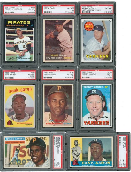 1956-1971 TOPPS PSA GRADED LOT OF 8 - MANTLE (2), CLEMENTE (3), AARON (2), MAYS (1)