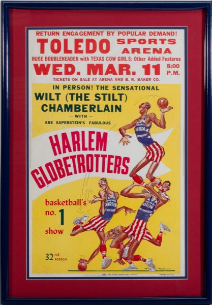 1959 HARLEM GLOBETROTTERS ADVERTISING BROADSIDE FEATURING WILT "THE STILT" CHAMBERLAIN 