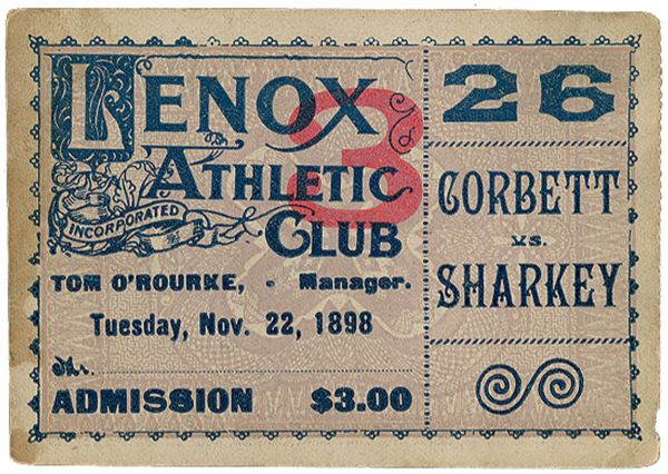 NOVEMBER 22, 1898 JAMES J. CORBETT VS TOM SHARKEY TICKET STUB (1/1)