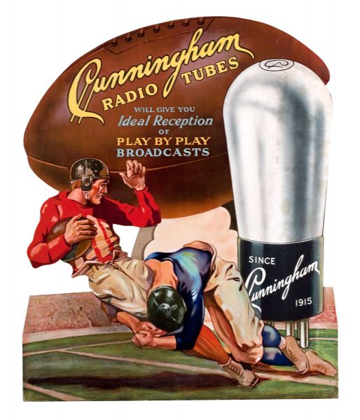 1930S FOOTBALL DIE-CUT ADVERTISING STANDEE FOR CUNNINGHAM RADIO TUBES