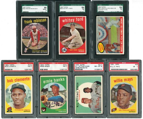 1959 TOPPS BASEBALL GRADED LOT OF 7 INCLUDING CLEMENTE, MAYS, BANKS, F. ROBINSON