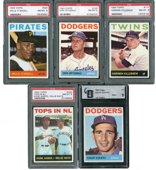 1964 TOPPS BASEBALL GRADED LOT OF 5 HALL OF FAMERS INCLUDING KOUFAX