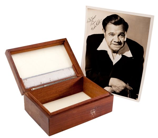 BABE RUTHS PERSONAL CIGAR HUMIDOR WITH LETTER OF PROVENANCE FROM CLAIRE RUTH AND BABE RUTH INSCRIBED OVERSIZED PHOTO (OF RUTH W/ CIGAR)