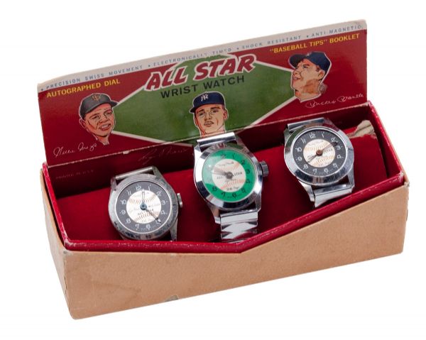 1964 MICKEY MANTLE, ROGER MARIS, AND WILLIE MAYS ALL-STAR WRIST WATCH SET IN ORIGINAL DISPLAY BOX