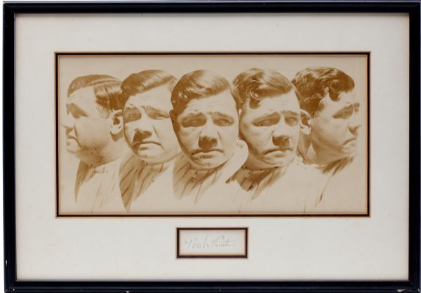 BABE RUTH 13" BY 7" MULTI-EXPOSURE HEAD SHOTS PHOTOGRAPH MATTED AND FRAMED WITH CUT SIGNATURE
