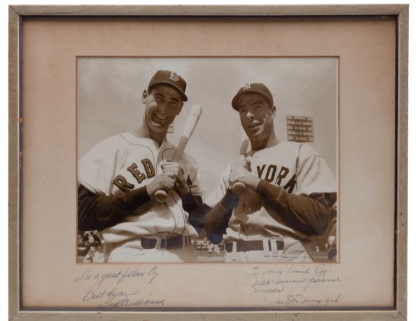 ORIGINAL 1950 PHOTOGRAPH OF TED WILLIAMS AND JOE DIMAGGIO WITH INSCRIPTIONS ON MATTE