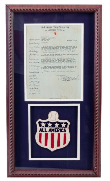 BILL DICKEYS 1933 ALL-AMERICA PATCH FRAMED WITH SIGNED LETTER FROM CHRISTY WALSH