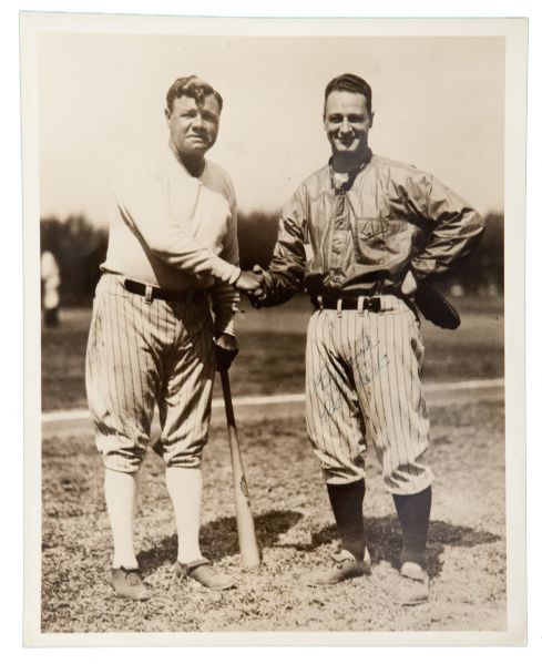 BABE RUTH AUTOGRAPHED OVERSIZED PHOTO OF BABE RUTH AND LOU GEHRIG