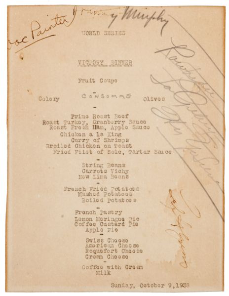 1938 NEW YORK YANKEES WORLD SERIES VICTORY DINNER MENU SIGNED BY GEHRIG, GOMEZ & OTHERS