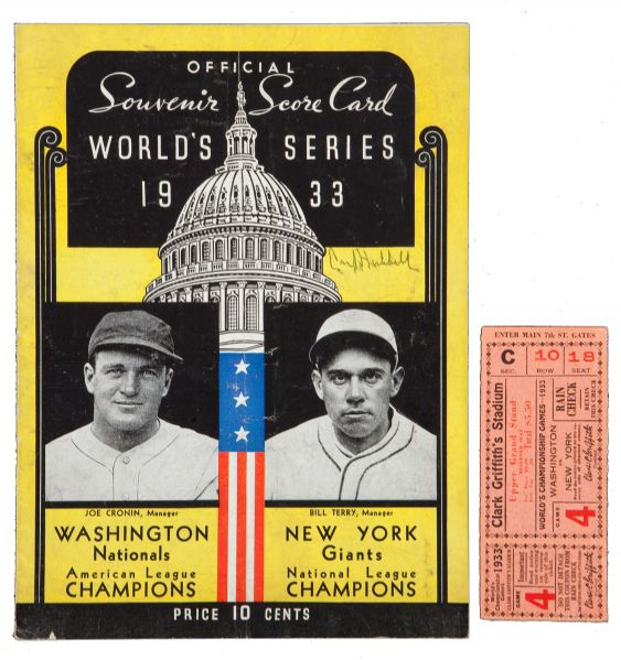 1933 WORLD SERIES GAME 4 PROGRAM (NEW YORK GIANTS VS WASHINGTON SENATORS) SIGNED BY CARL HUBBELL WITH TICKET STUB