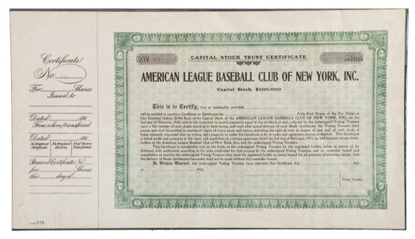 EARLY NEW YORK YANKEES STOCK CERTIFICATE