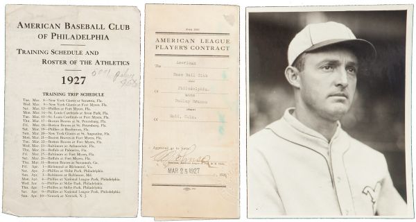 DUDLEY BRANOMS 1927 PHILADELPHIA ATHLETICS PLAYERS CONTRACT, SCHEDULE AND CHARLES CONLON PHOTOGRAPH