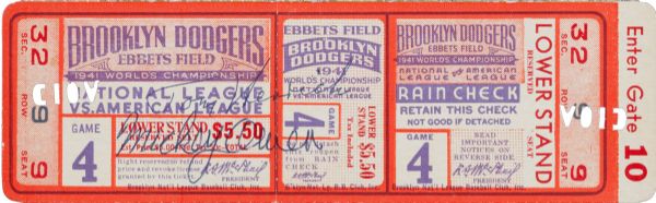 1941 WORLD SERIES GAME 4 FULL TICKET SIGNED BY MICKEY OWEN AND TOMMY HENRICH