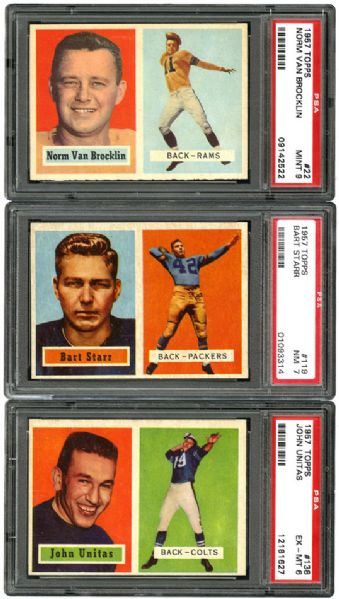 1957 TOPPS FOOTBALL LOT OF 3 KEY CARDS - #119 BART STARR NM PSA 7, #138 JOHN UNITAS EX-MT PSA 6, AND #22 NORM VAN BROCKLIN MINT PSA 9