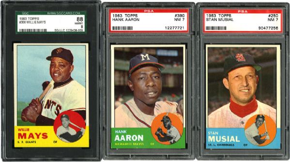 1963 TOPPS BASEBALL NM OR BETTER GRADED LOT OF 3 - MAYS, AARON, AND MUSIAL