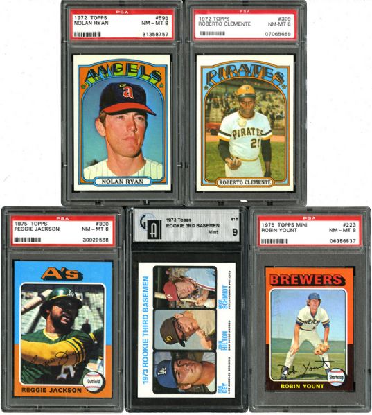 1972 TOPPS #309 CLEMENTE, 1972 TOPPS #595 RYAN, 1973 TOPPS #615 SCHMIDT ROOKIE, 1975 TOPPS #223 YOUNT ROOKIE, AND 1975 TOPPS #300 JACKSON - ALL GRADED NM-MT OR BETTER