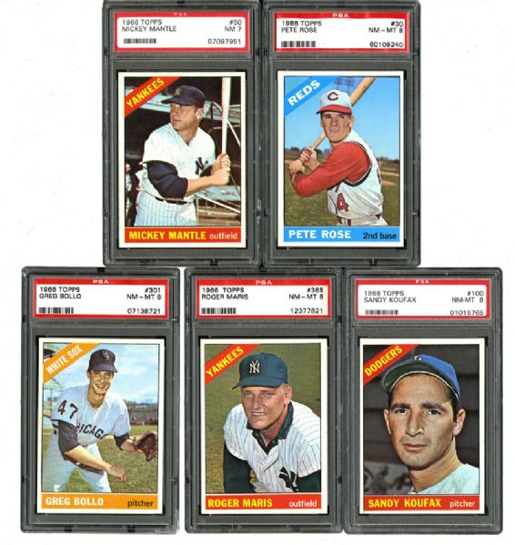 1966 TOPPS BASEBALL NM PSA 7 OR BETTER LOT OF 5 INCLUDING MANTLE, KOUFAX AND ROSE