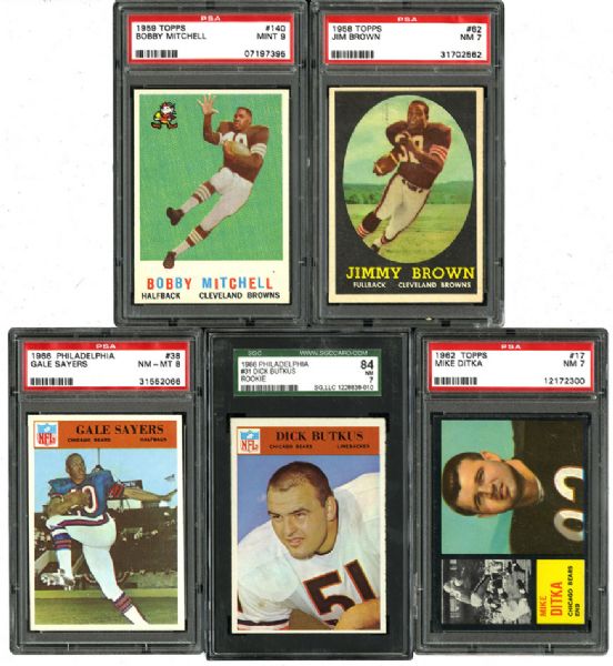 1958-1966 NM 7 OR BETTER GRADED ROOKIE LOT OF 5 - JIM BROWN, BOBBY MITCHELL, MIKE DITKA, GALE SAYERS, AND DICK BUTKUS