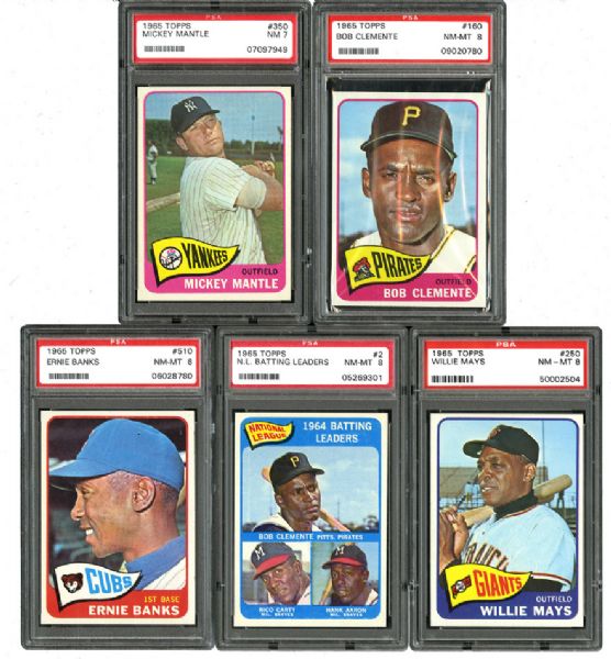 1965 TOPPS BASEBALL NM PSA 7 OR BETTER LOT OF 5 INCLUDING MANTLE, MAYS, AND CLEMENTE
