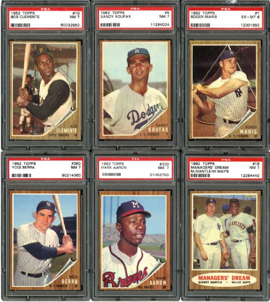 1962 TOPPS BASEBALL NM PSA 7 LOT OF 19 INCLUDING CLEMENTE, AARON, KOUFAX, GIBSON, MCCOVEY, MANAGERS DREAM PLUS AN EX-MT MARIS