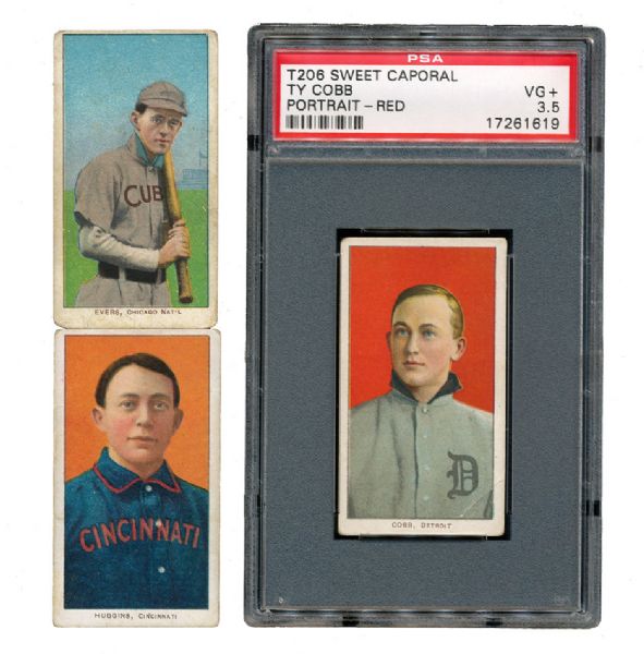 1909-11 T206 TY COBB (RED PORTRAIT) VG+ PSA 3.5 PLUS ADDITIONAL T206 EVERS AND HUGGINS