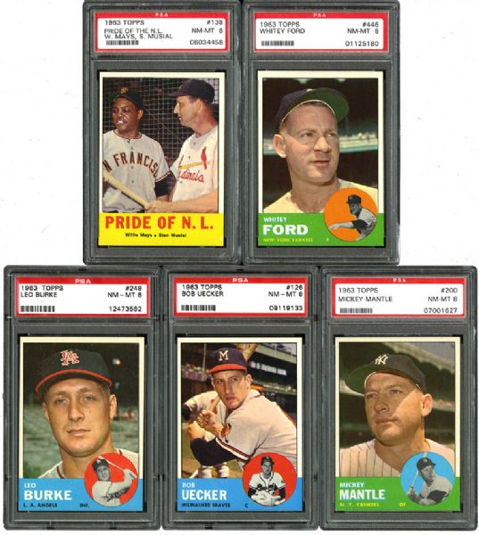1963 TOPPS BASEBALL NM-MT PSA 8 LOT OF 5 INCLUDING MANTLE AND FORD