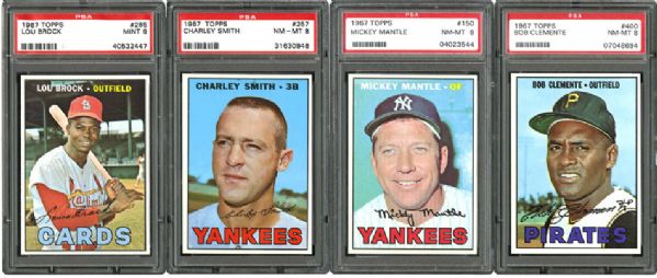 1967 TOPPS BASEBALL NM-MT PSA 8 OR BETTER LOT OF 4 INCLUDING MANTLE AND CLEMENTE