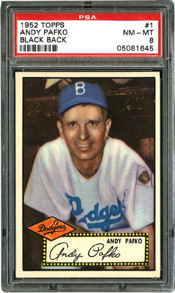 1952 TOPPS #1 ANDY PAFKO (BLACK BACK) NM-MT PSA 8