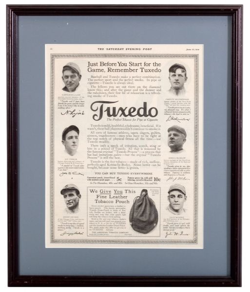 1914 "TUXEDO TOBACCO" ADVERTISING POSTER FEATURING IMAGES OF MATHEWSON, LAJOIE, TINKER AND MCGRAW