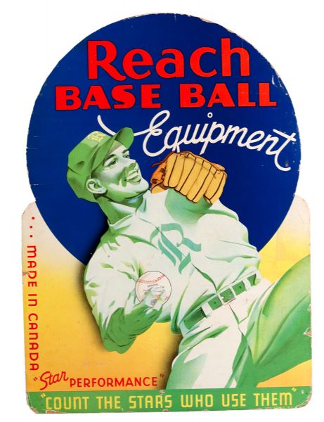 1930S REACH BASEBALL EQUIPMENT DIE-CUT ADVERTISING DISPLAY