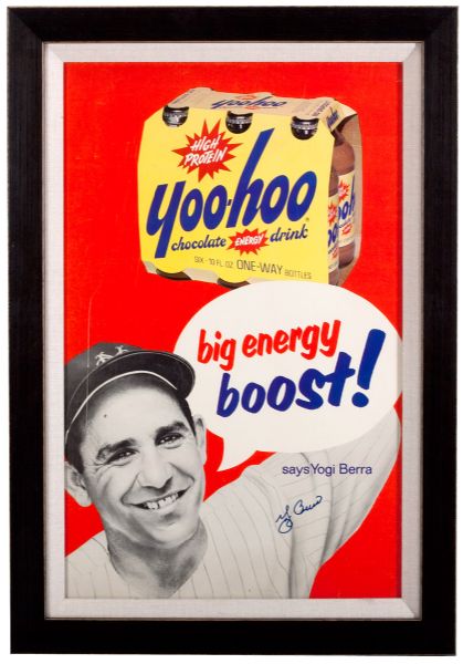 YOGI BERRA AUTOGRAPHED "YOO-HOO CHOCOLATE DRINK" ADVERTISING SIGN C.1960S