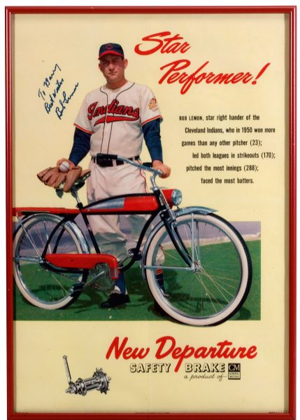 1951 "NEW DEPARTURE" ADVERTISING POSTER FEATURING BOB LEMON SIGNED "TO BARRY" - EX-HALPER
