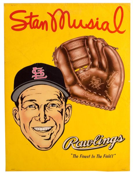 LATE 1950S STAN MUSIAL RAWLINGS DOUBLE-SIDED ADVERTISING SIGN