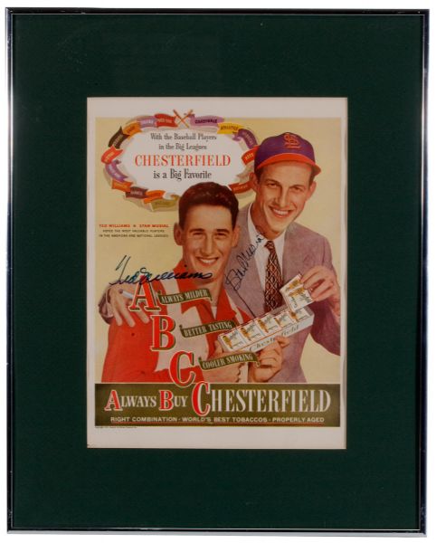 TED WILLIAMS AND STAN MUSIAL AUTOGRAPHED 1947 CHESTERFIELD ADVERTISEMENT