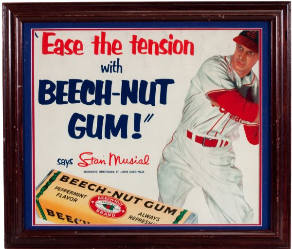 STAN MUSIAL 1950S BEECHNUT GUM CARDBOARD ADVERTISING SIGN