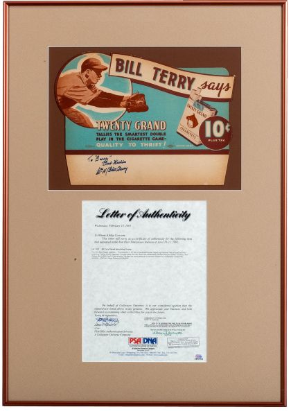 BILL TERRY COUNTERTOP AD DISPLAY FOR TWENTY GRAND CIGARETTES SIGNED "TO BARRY" - EX-HALPER
