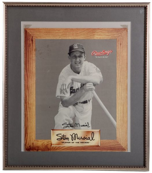 OUTSTANDING 1950S STAN MUSIAL SIGNED RAWLINGS CARDBOARD ADVERTISING SIGN