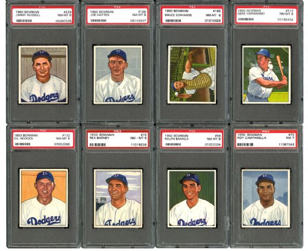 1950 BOWMAN BROOKLYN DODGERS LOT OF 8 INCLUDING CAMPANELLA AND HODGES - ALL NM-MT PSA 8 BUT 1