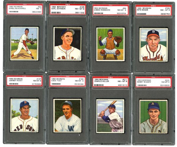 1950 BOWMAN BASEBALL LOT OF 81 DIFFERENT NM-MT PSA 8 GRADED CARDS PLUS 1 NM PSA 7 