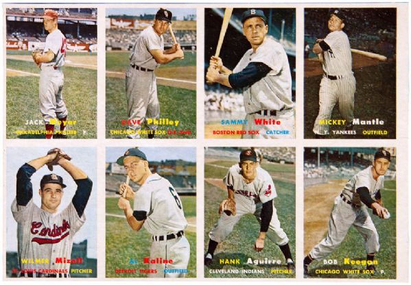 1957 TOPPS UNCUT PANEL OF 8 CARDS WITH MANTLE AND KALINE