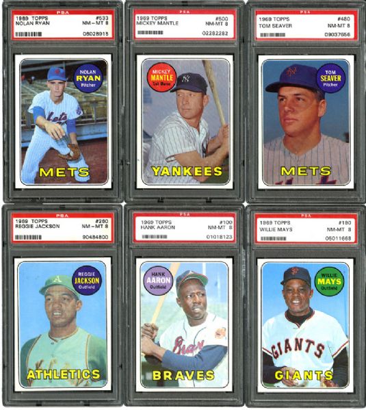 1969 TOPPS BASEBALL NM-MT PSA 8 GRADED LOT OF 198 WITH MANTLE, JACKSON, BENCH, RYAN, CLEMENTE, SEAVER, MAYS, AARON AND MANY MORE HALL OF FAMERS