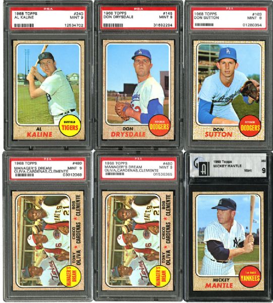 1968 TOPPS MINT PSA  9 GRADED HALL OF FAME LOT OF 6 INCLUDING #280 MANTLE AND 480 MANAGERS DREAM 9OLIVA/CARDENAS/CLEMENTE)(2)