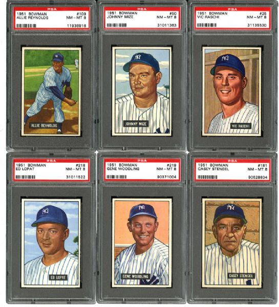 1951 BOWMAN BASEBALL NM-MT PSA 8 NEW YORK YANKEES LOT OF 15 INCLUDING DICKEY, STENGEL, MIZE, HENRICH
