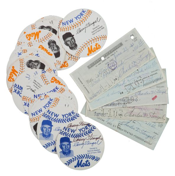 LOT OF (5) CASEY STENGEL SIGNED CHECKS & (32) N.Y. METS COASTERS (ONE DOUBLE SIGNED)