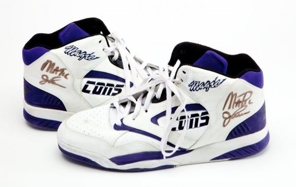 MAGIC JOHNSON DUAL-SIGNED PAIR OF GAME WORN SNEAKERS WITH NBA PLAYER PROVENANCE