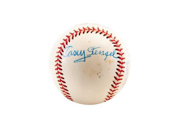 CASEY STENGEL SINGLE SIGNED CEREMONIAL FIRST PITCH BASEBALL FROM GAME 3 OF THE 1973 WORLD SERIES