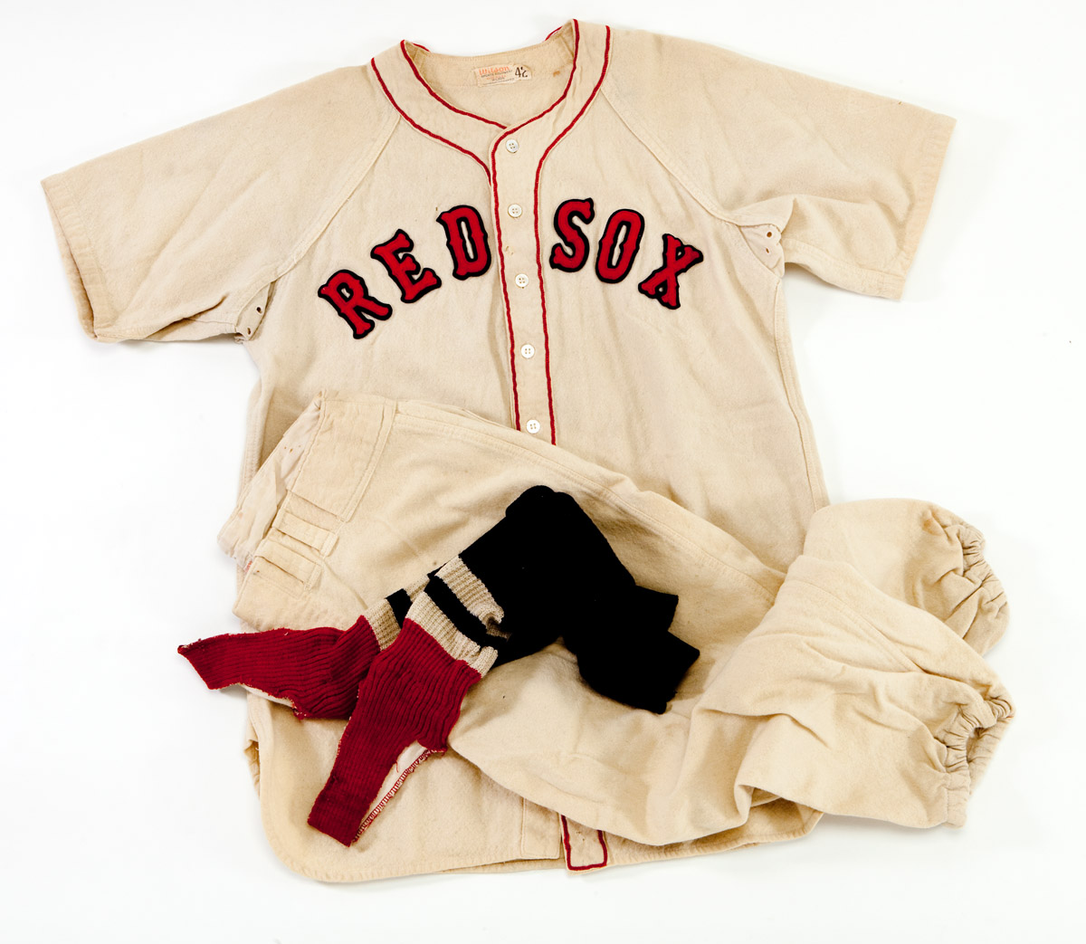 Lot Detail - 1940's RED SOX FULL UNIFORM INCL. JERSEY PANTS AND STIRRUPS