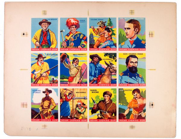 1933 R-73 GOUDEY INDIAN GUM UNCUT PROOF SHEET OF 12 INCLUDING JIM BOWIE, DAVY CROCKETT, DANIEL BOONE AND KIT CARSON